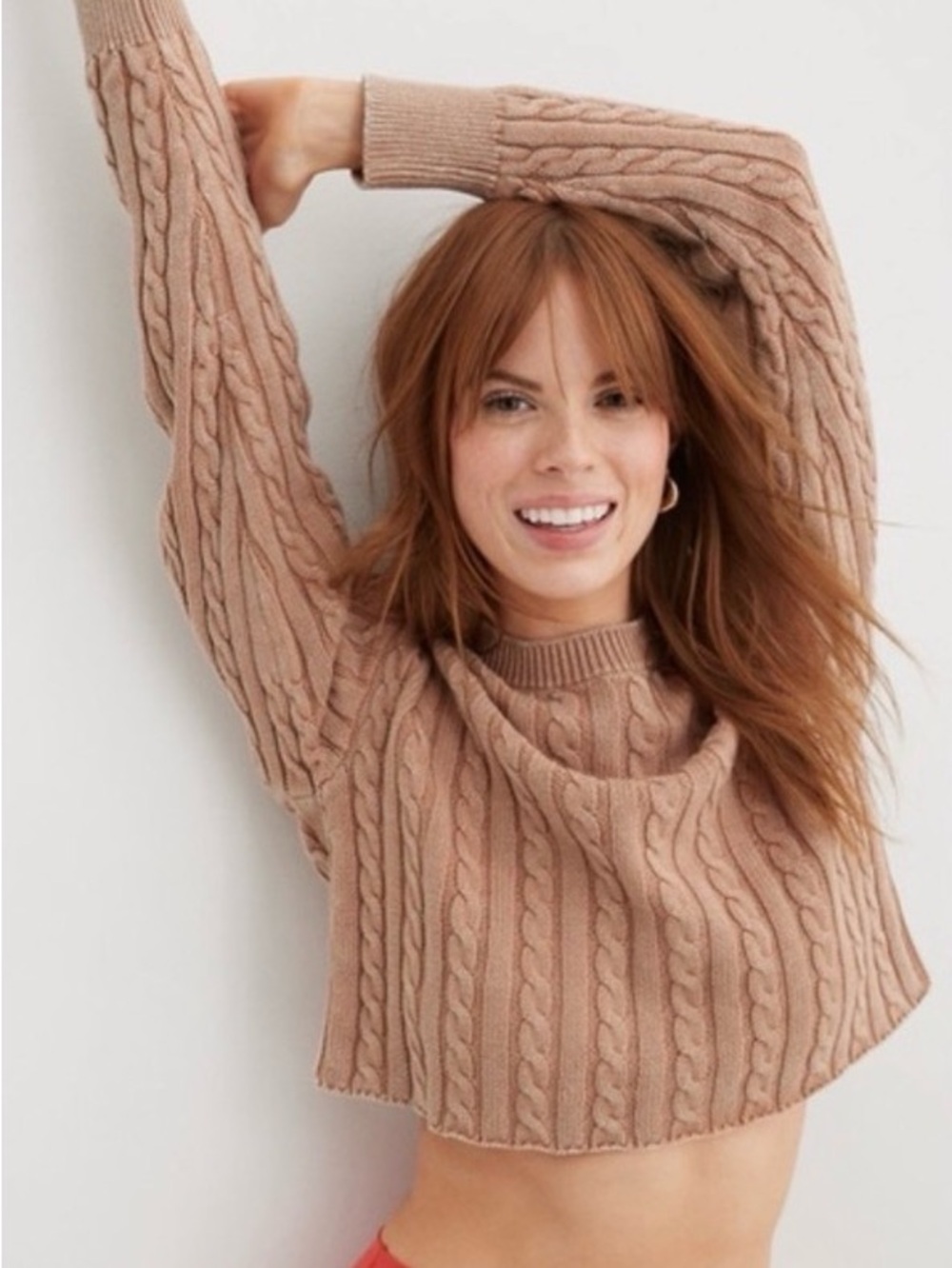 Aerie Cable-Knit Cropped Crew Sweater Beige Large L